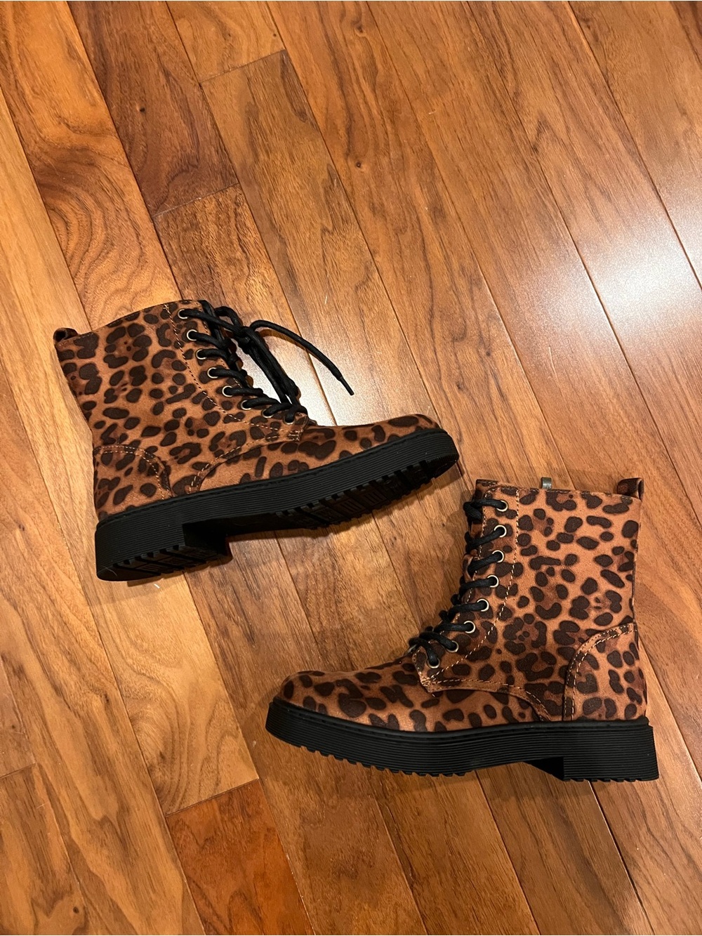 Leopard Print Lace-Up Combat Boots - Brown 8
